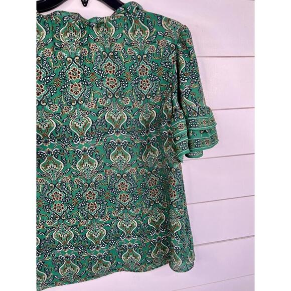 Max Studio Green  Peasant Blouse Ruffle Detail Patterned Short Sleeves Size M - Picture 10 of 13